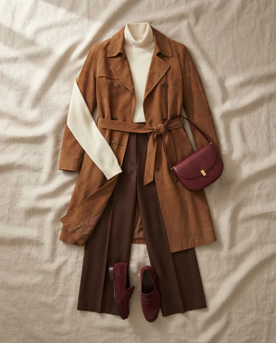 An outfit laid out on linen: a suede trench, an ivory turtleneck, wide-leg trousers, loafers and a bag